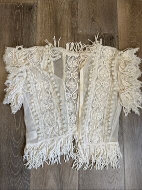 Place Nationale Cream Crochet Fringe Tunic Top with Pom-Pom Trim AZ0821